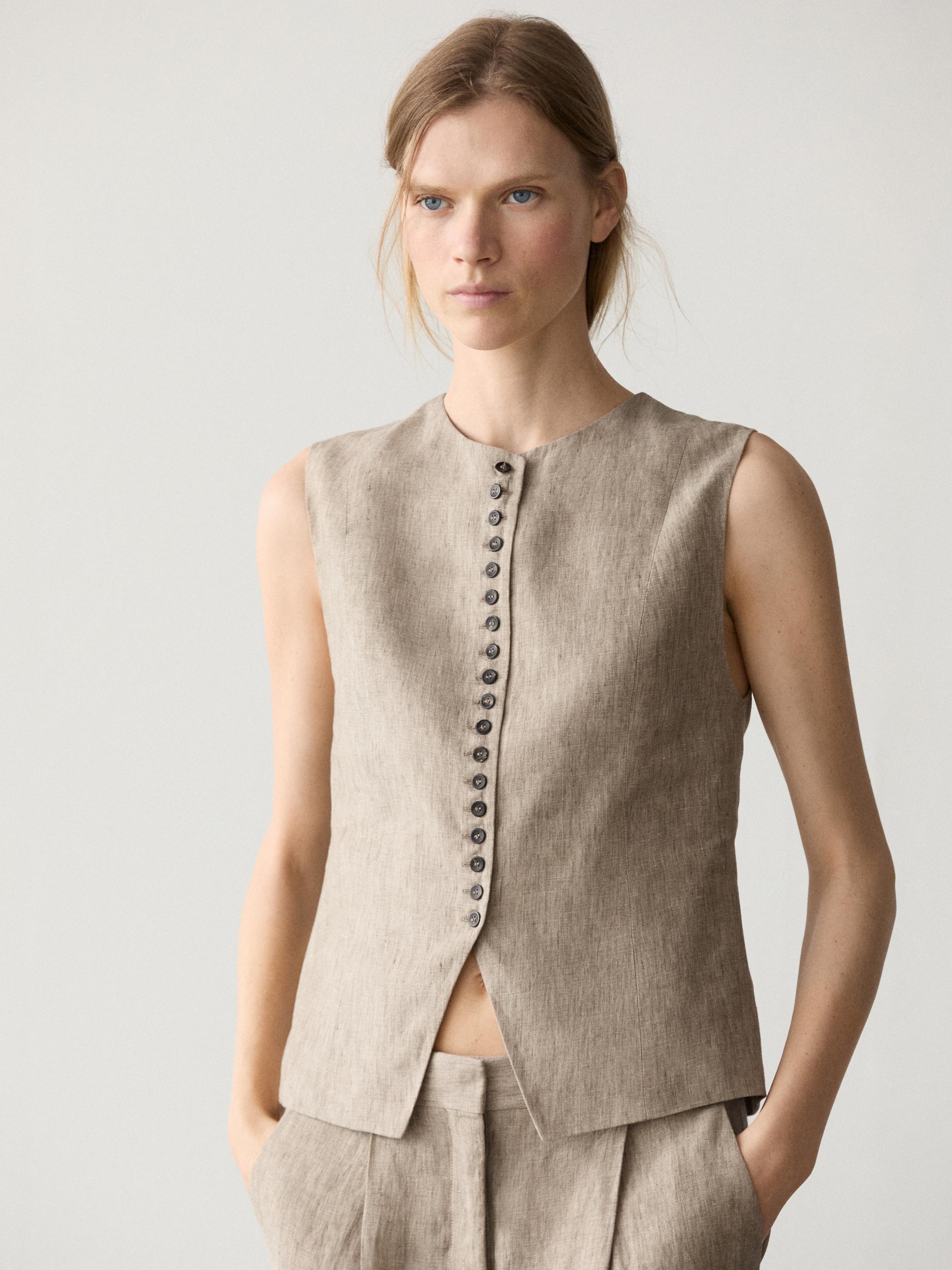Veste sans manches mélangée détails boutons lin